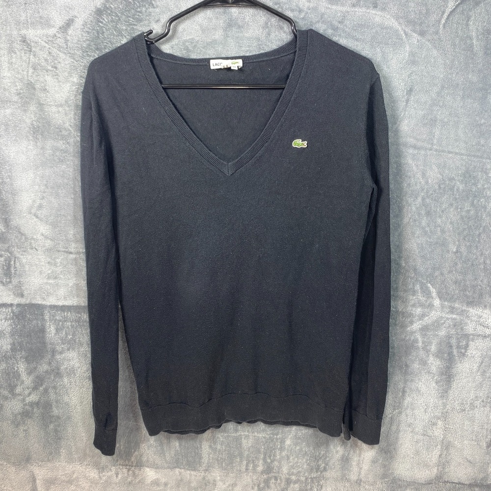 Lacoste Sweater Women 38 Medium Black V Neck 100% Cotton Long Sleeve Knit